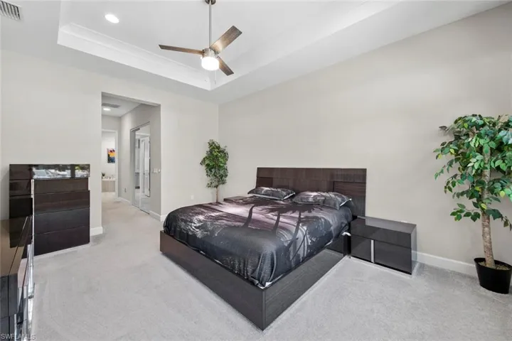 Carpeted bedroom with a ceiling fan, a raised ceiling, ensuite bath, baseboards, and visible vents