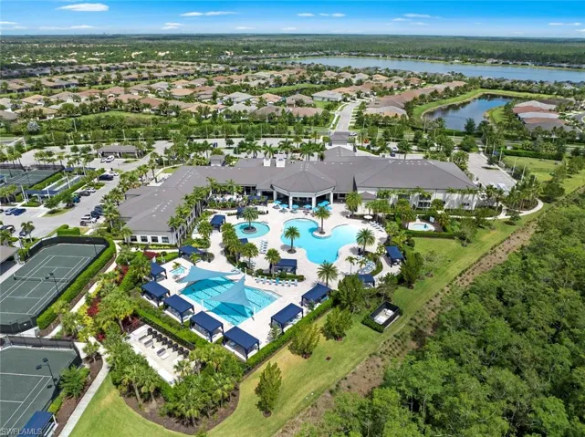Aerial view with a residential view and a water view