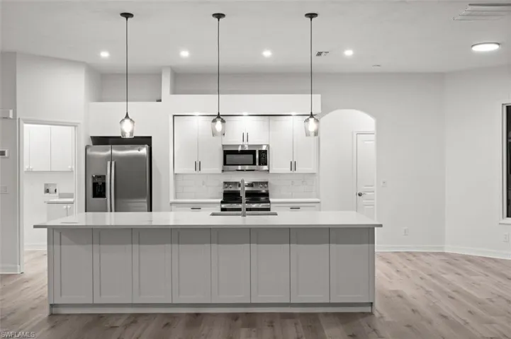 Kitchen featuring stainless steel appliances, light hardwood / wood-style flooring, a large island, and pendant lighting