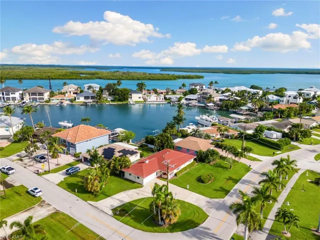 Birds eye view of property with a water view