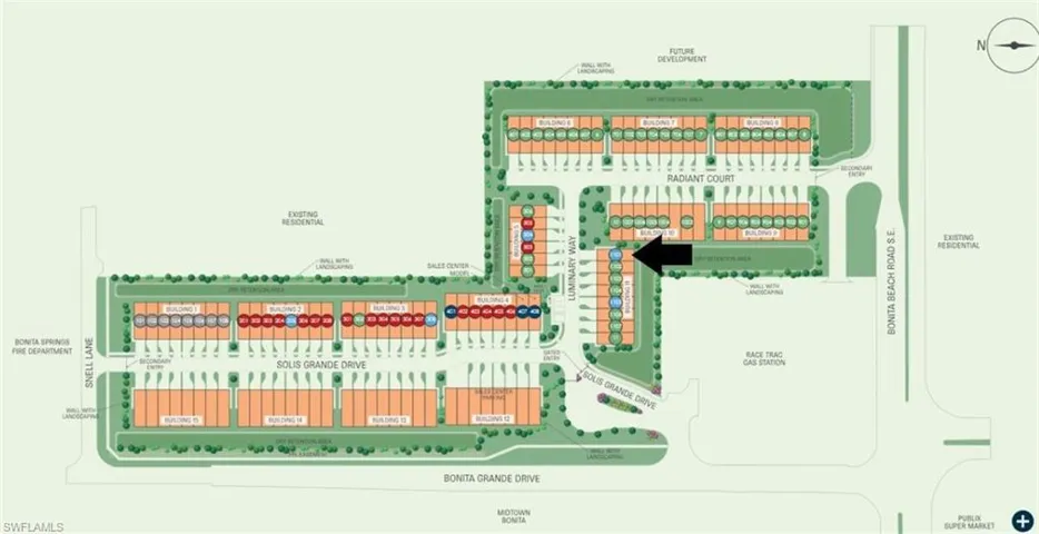 Site map: Lot 1101 - Corner/end unit. Southern facing lanai.