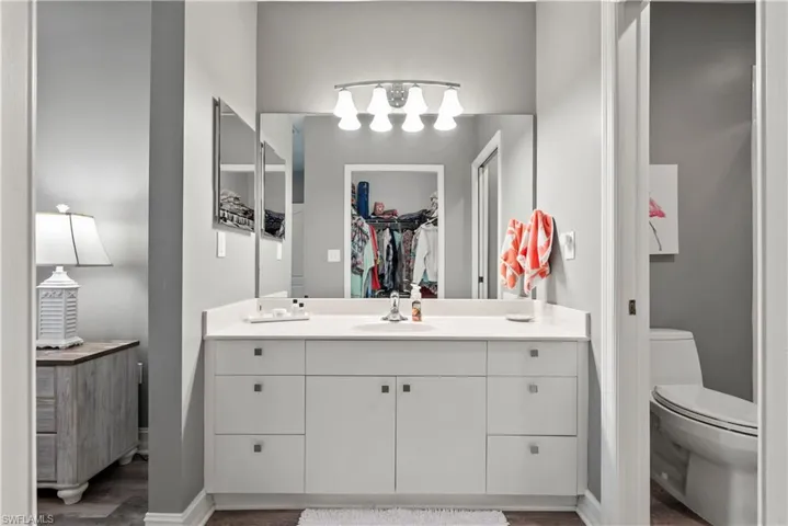 Bathroom with vanity, toilet, and hardwood / wood-style flooring