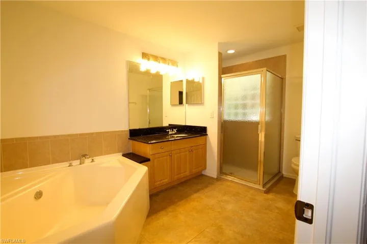 Bathroom with a garden tub, a shower stall, vanity, and light tile patterned floors