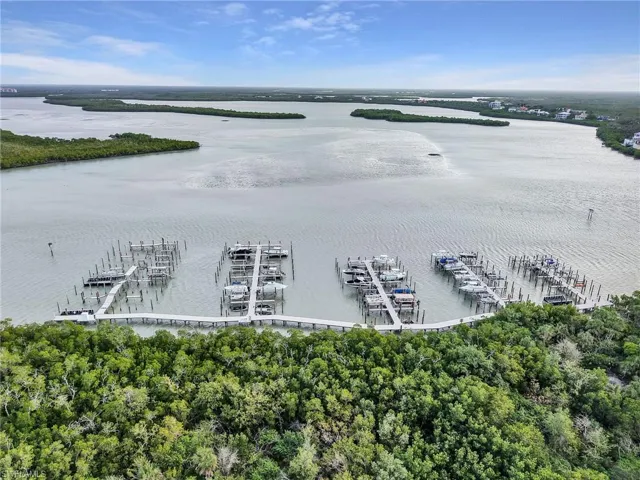 Drone / aerial view of a marina and a large body of water