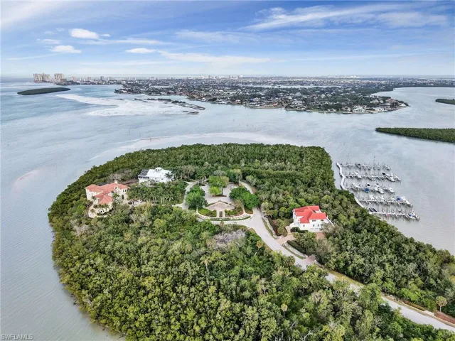 Aerial view of a large body of water and numerous boat docks