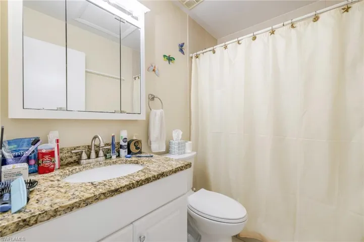 Bathroom with vanity and curtained shower