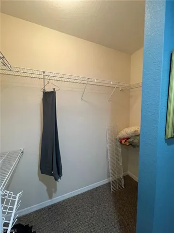 One of two master walk-in closets featuring carpet flooring and added shelving.
