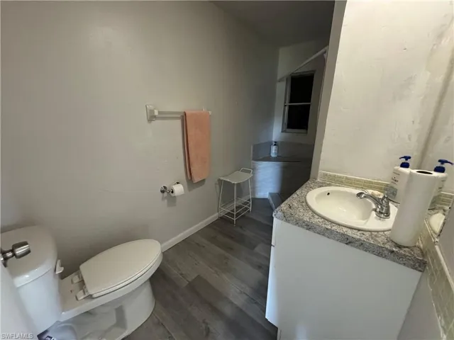 Bathroom with vanity, wood-type flooring, and toilet