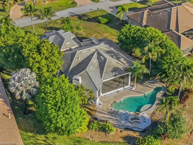 Drone / aerial view of a pool area