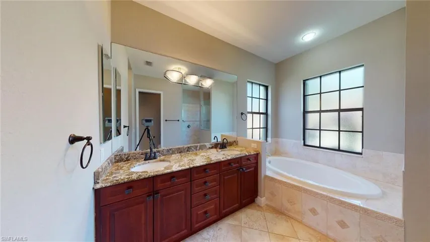 Bathroom featuring tile patterned flooring, a healthy amount of sunlight, vanity, and independent shower and bath