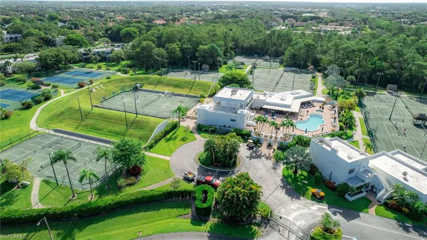 Aerial overview of property's location with a pool area