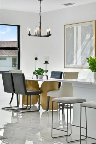 Dining space with hanging lights