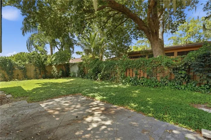 Expansive backyard featuring a concrete patio, mature trees, and a wood privacy fence with established climbing vines