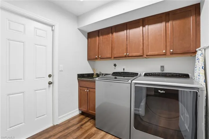 Dedicated laundry space featuring wood-finish flooring, a white four-panel door, built-in cabinetry, and a countertop with an integrated sink