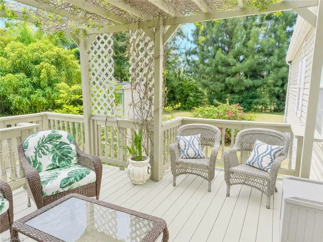 Expansive outdoor deck with view of backyard