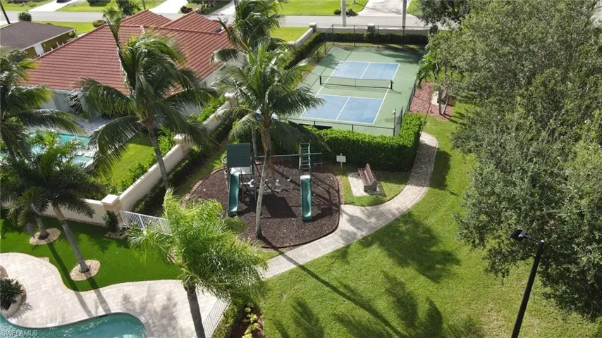 Drone / aerial view of clubhouse and play area
