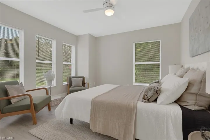 Light-toned walls with multiple windows featuring blinds