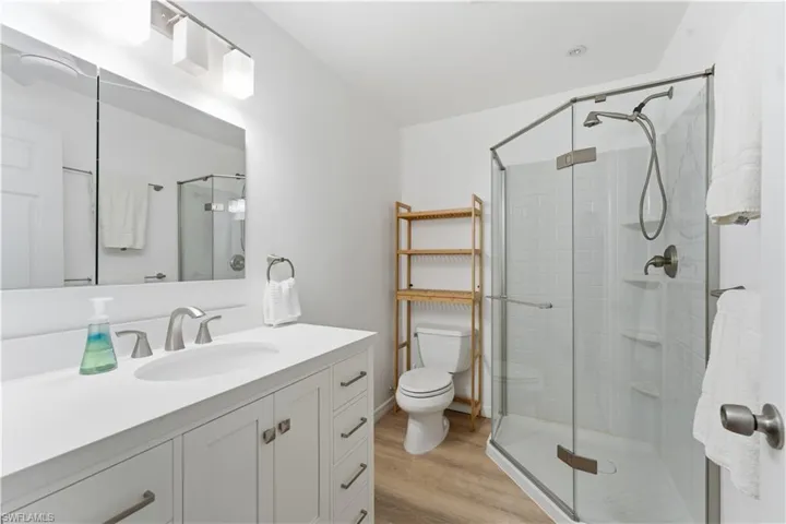 Full bathroom featuring vanity, light wood finished floors, and a shower stall