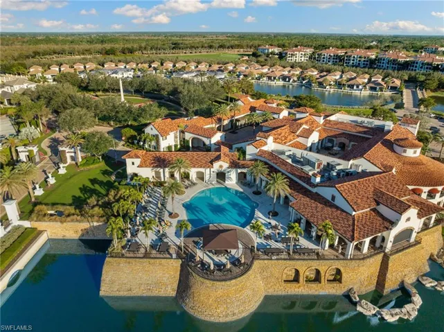 Birds eye view of property with a water view