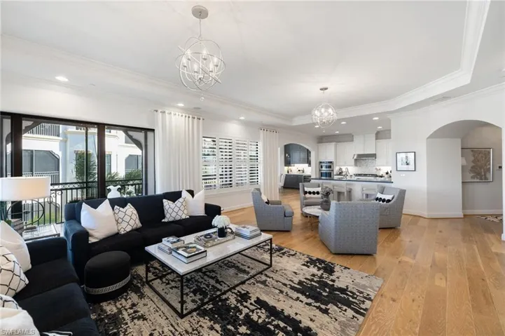 Living room featuring plenty of natural light, light hardwood / wood-style floors, and a tray ceiling