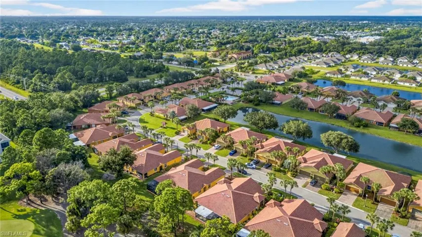 Aerial perspective of suburban area featuring a nearby body of water