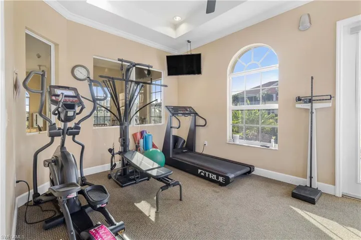 Exercise room with carpet, a tray ceiling, and crown molding