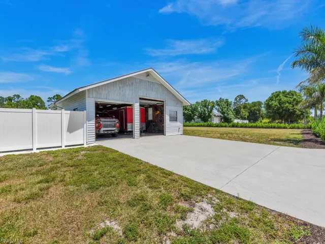 Garage with a lawn