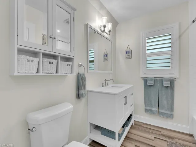 Bathroom with wood-type flooring, toilet, and vanity
