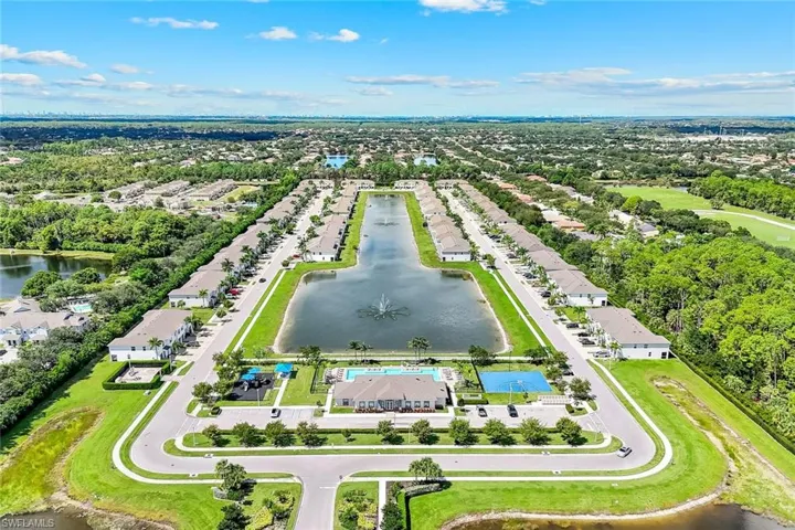 Aerial perspective of suburban area with a large body of water
