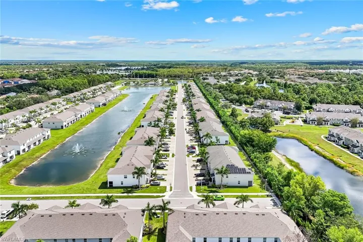 Aerial view of residential area featuring a large body of water