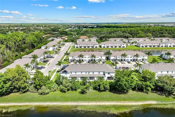 Bird's eye view of a nearby body of water and a tree filled landscape