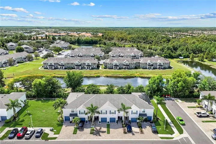 Aerial view of residential area featuring a nearby body of water