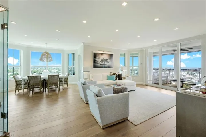 Great room and Dining room with beautiful city and gulf views