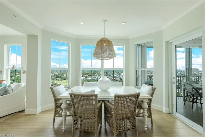 Dining area overlooking city scape.