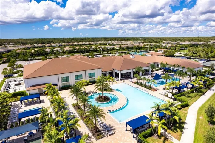 Aerial view of residential area with a pool
