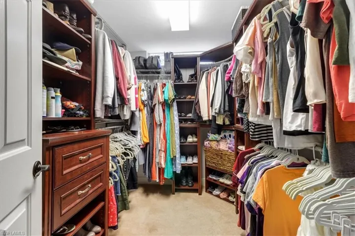Spacious walk-in closet with carpet flooring