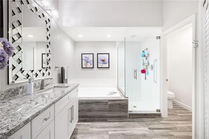 Full bathroom with wood-type flooring, vanity, toilet, and shower with separate bathtub