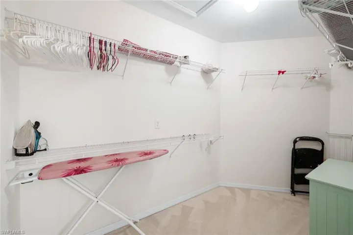 Carpeted room featuring multiple wire shelving units and a ceiling-mounted light fixture