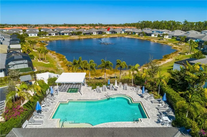 Ariel view of community pool and lake