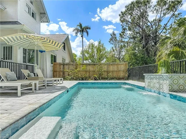 View of pool featuring a patio, fence, and a fenced in pool