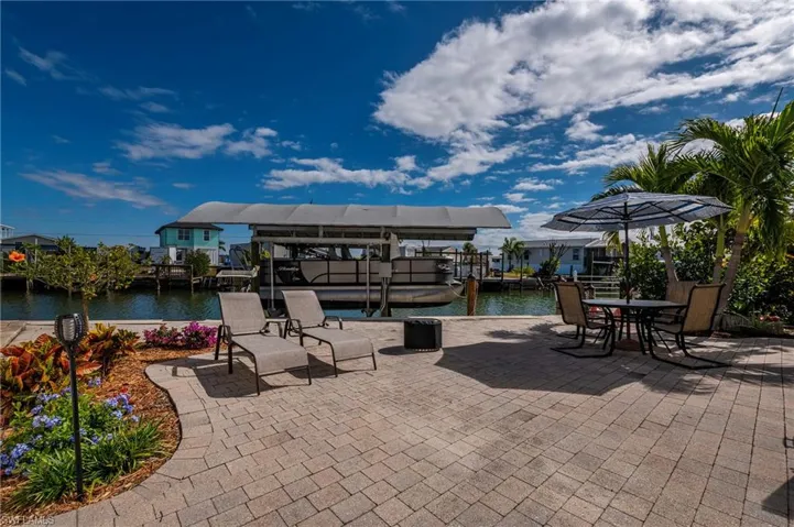 View of patio featuring boat lift, a boat dock, and a water view