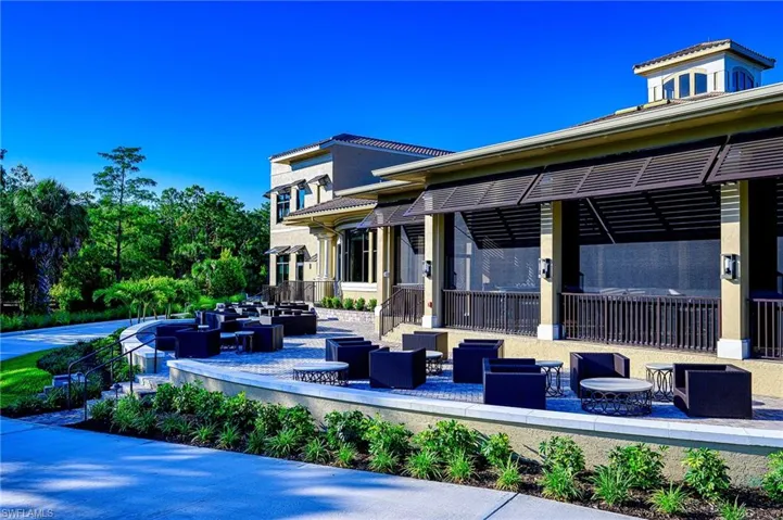Outdoor seating with fire pits, veranda dining.