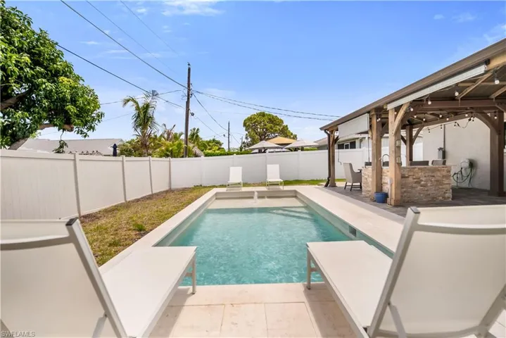 View of swimming pool with a fenced backyard and a patio area