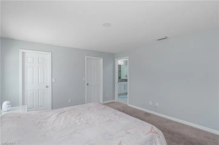 Carpeted bedroom with connected bathroom