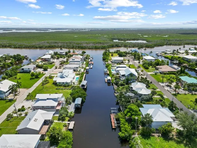 Birds eye view of waterfront, gulf access property