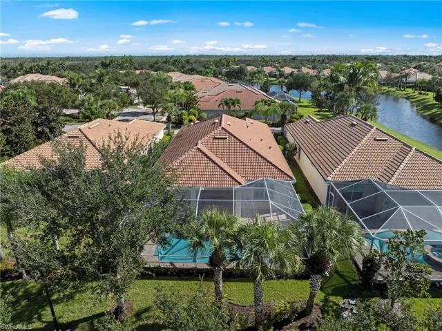 Aerial perspective of suburban area featuring a pool
