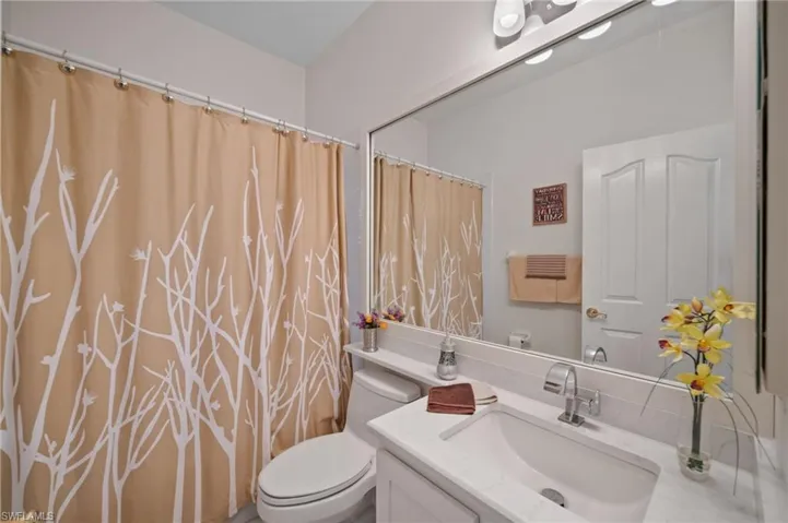 Bathroom with toilet, vanity, and a shower with shower curtain