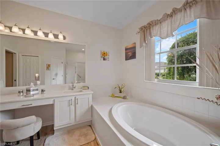 Bathroom with wood-type flooring, vanity, and plus walk in shower