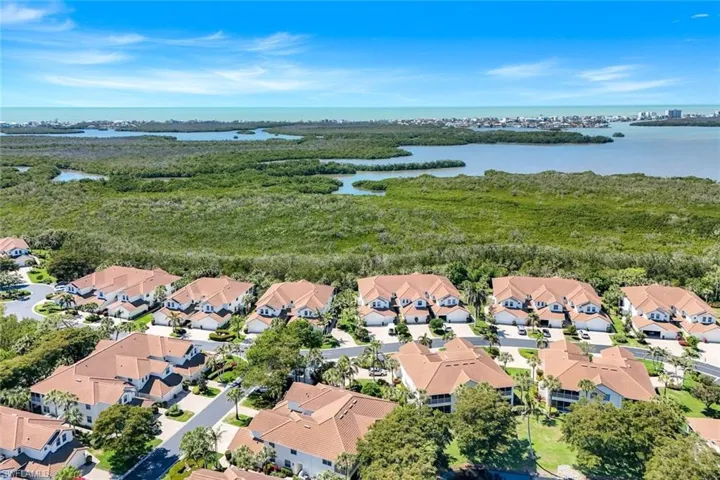 Birds eye view of property with a residential view and a water view
