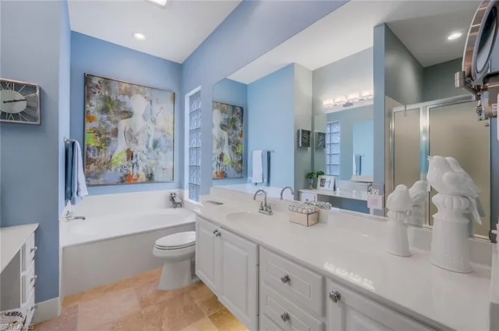 Full bathroom with toilet, vanity, and separate shower and tub